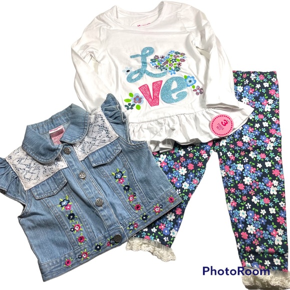 NWT Nannette 3pc Long Tee, Screen Print LS Top And Denim Vest Size 3T